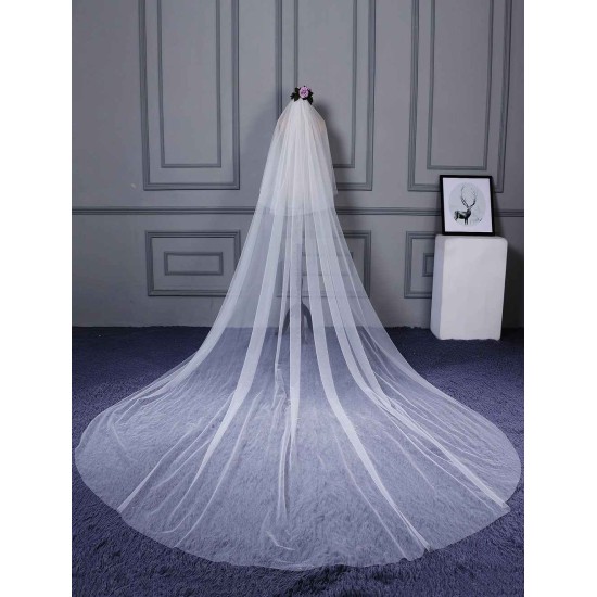 Ivory Cut Edge One Tier Waterfall Cathedral Wedding Veil For Brides