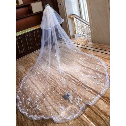 Ivory Cathedral Waterfall Lace Applique 2 Tier Long Wedding Veils