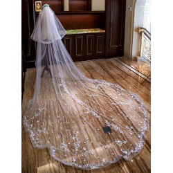 Ivory Cathedral Waterfall Lace Applique 2 Tier Long Wedding Veils