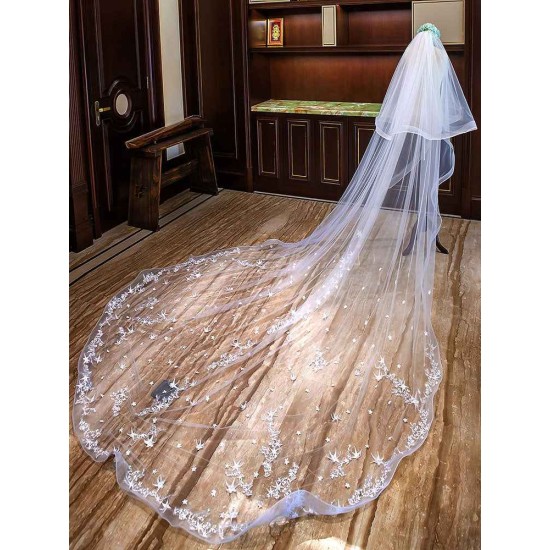 Ivory Cathedral Waterfall Lace Applique 2 Tier Long Wedding Veils