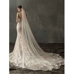 One-Tier Pearls Cut Edge Drop Wedding Veils
