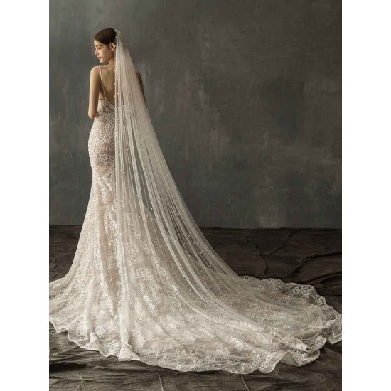One-Tier Pearls Cut Edge Drop Wedding Veils