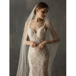 One-Tier Pearls Cut Edge Drop Wedding Veils