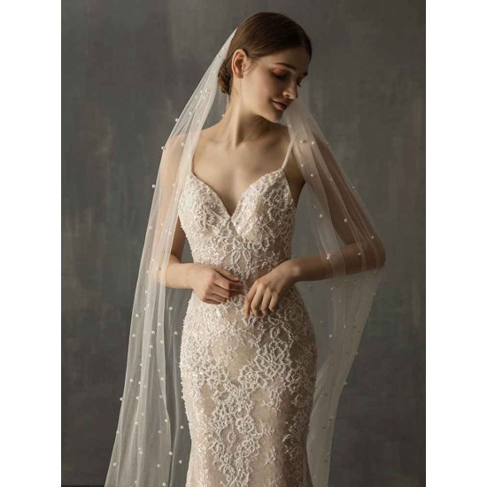 One-Tier Pearls Cut Edge Drop Wedding Veils