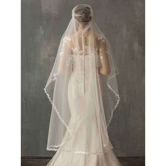 One Tier Piping Tulle Finished Edge Drop Wedding Veil