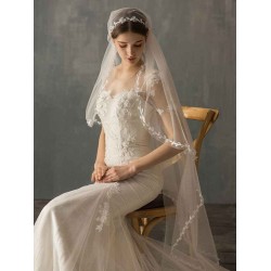 One Tier Piping Tulle Finished Edge Drop Wedding Veil