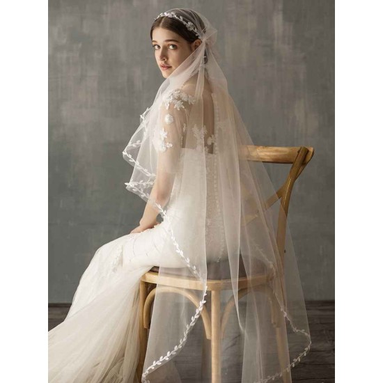 One Tier Piping Tulle Finished Edge Drop Wedding Veil
