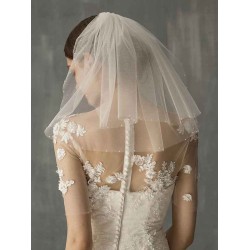 White Two Tier Pearls Tulle Cut Edge Drop Wedding Veils