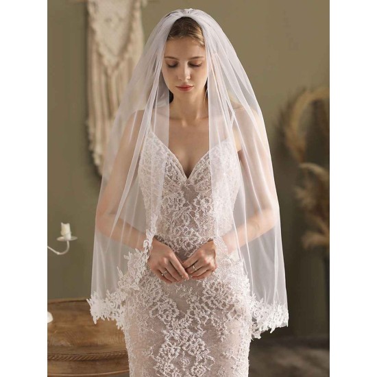 White Lace Tulle Veil Applique Edge Drop Wedding Veil