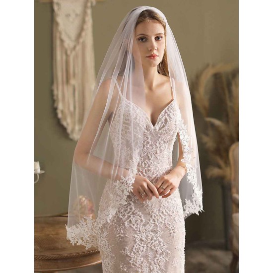 White Lace Tulle Veil Applique Edge Drop Wedding Veil