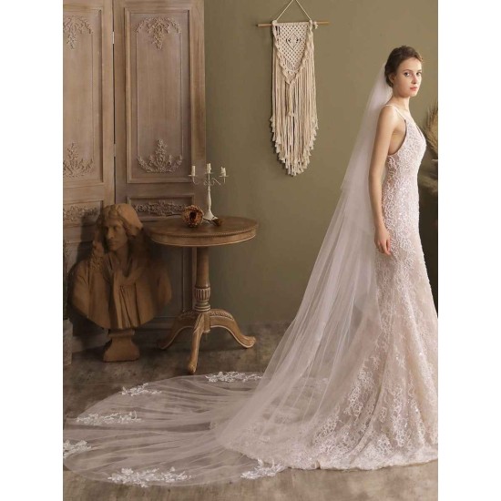 White Waterfall Two-Tier Lace Tulle Wedding Veils