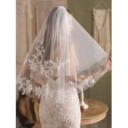 White Tulle Wedding Veils Two-Tier Lace Drop Bridal Veils