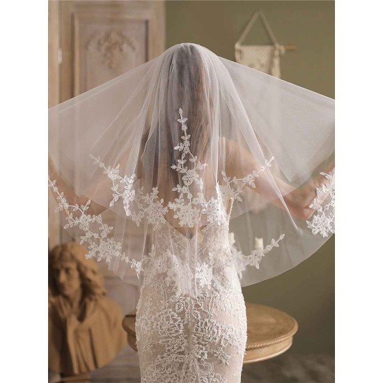 White Tulle Wedding Veils Two-Tier Lace Drop Bridal Veils