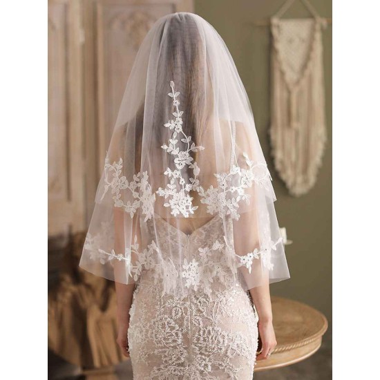 White Tulle Wedding Veils Two-Tier Lace Drop Bridal Veils