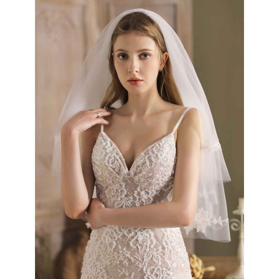 White Tulle Wedding Veils Two-Tier Lace Drop Bridal Veils