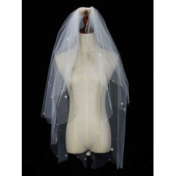 Classic Ivory Two-Tier Pearls Tulle Cut Edge Wedding Veil
