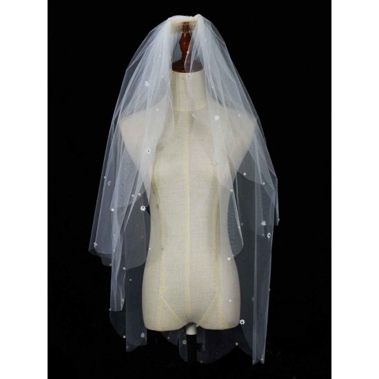 Classic Ivory Two-Tier Pearls Tulle Cut Edge Wedding Veil