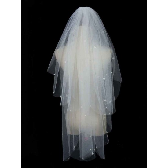 Classic Ivory Two-Tier Pearls Tulle Cut Edge Wedding Veil