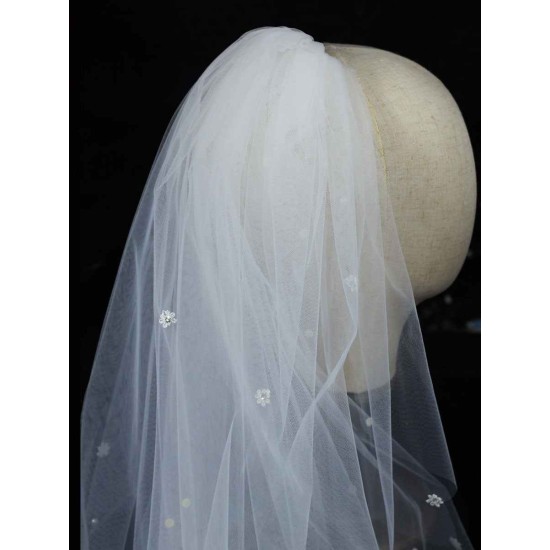 Classic Ivory Two-Tier Pearls Tulle Cut Edge Wedding Veil