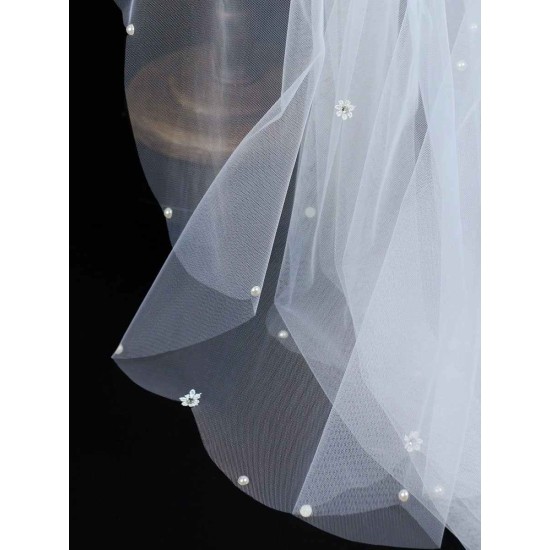 Classic Ivory Two-Tier Pearls Tulle Cut Edge Wedding Veil