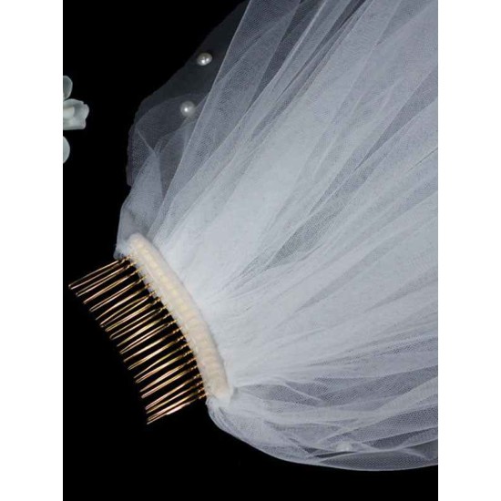Classic Ivory Two-Tier Pearls Tulle Cut Edge Wedding Veil