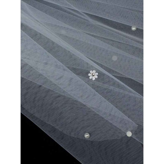 Classic Ivory Two-Tier Pearls Tulle Cut Edge Wedding Veil