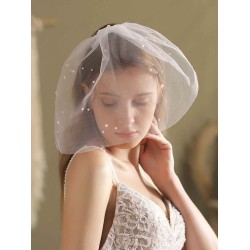 Ivory One-Tier Pearls Tulle Cut Edge Oval Short Wedding Veils