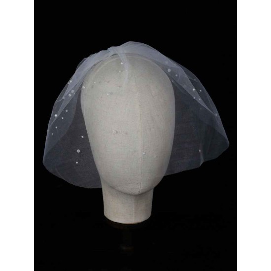 Ivory One-Tier Pearls Tulle Cut Edge Oval Short Wedding Veils