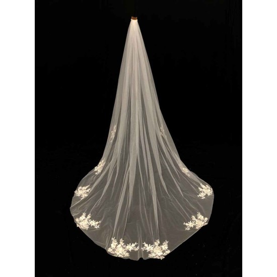 Ivory One-Tier Lace Tulle Finished Edge Waterfall Wedding Veils