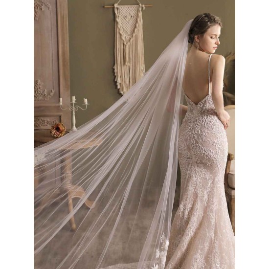 Ivory One-Tier Lace Tulle Finished Edge Waterfall Wedding Veils