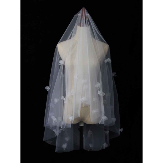 Classic Ivory Two-Tier Flowers Tulle Cut Edge Wedding Veils