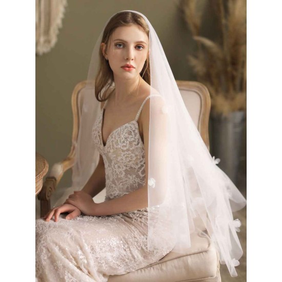 Classic Ivory Two-Tier Flowers Tulle Cut Edge Wedding Veils