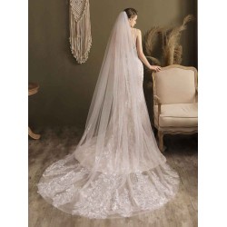 Ivory One-Tier Tulle Lace Applique Edge Waterfall Long Wedding Veil