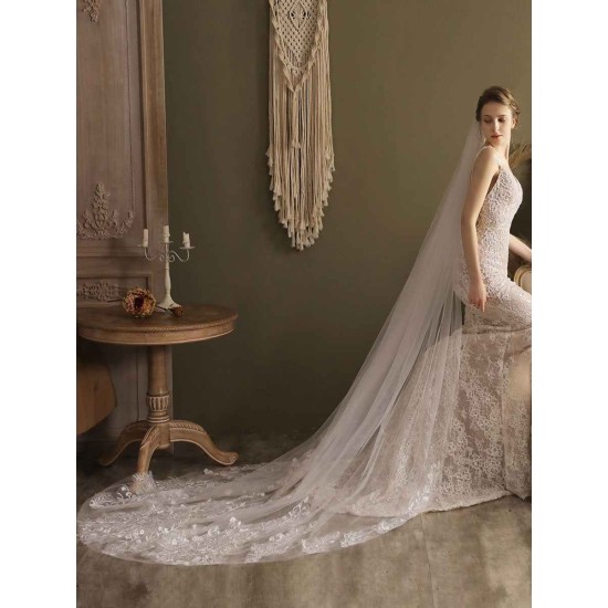 Ivory One-Tier Tulle Lace Applique Edge Waterfall Long Wedding Veil