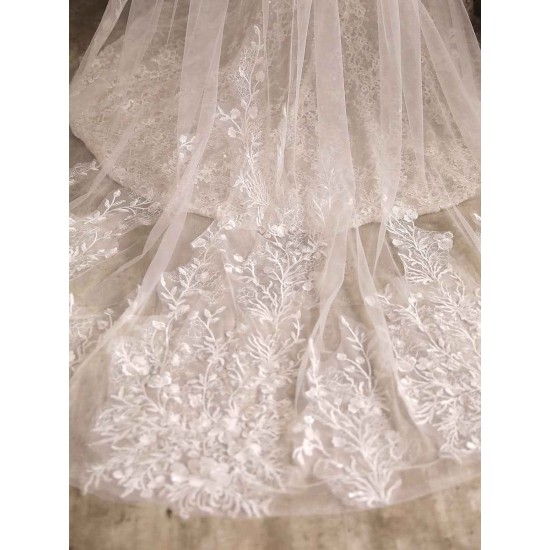 Ivory One-Tier Tulle Lace Applique Edge Waterfall Long Wedding Veil