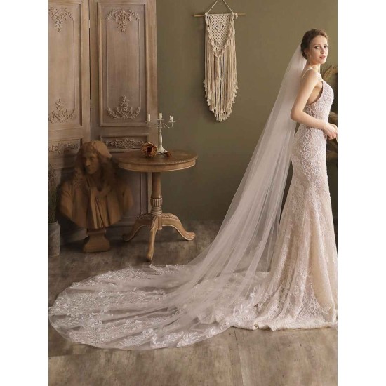 Ivory One-Tier Tulle Lace Applique Edge Waterfall Long Wedding Veil