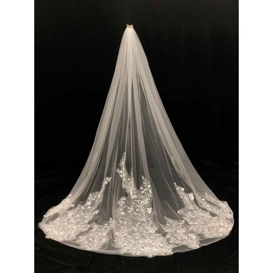Ivory One-Tier Tulle Lace Applique Edge Waterfall Long Wedding Veil