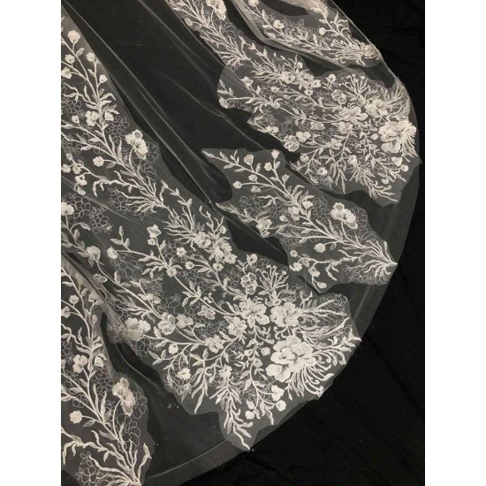 Ivory One-Tier Tulle Lace Applique Edge Waterfall Long Wedding Veil