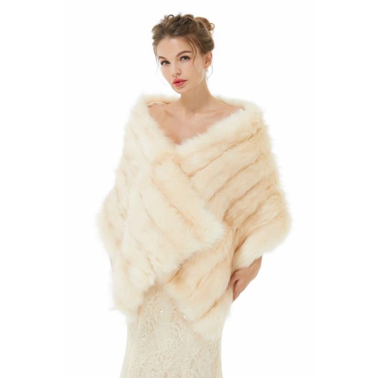 Creamy Faux Fur Stripe Shawl For Bride For Winter