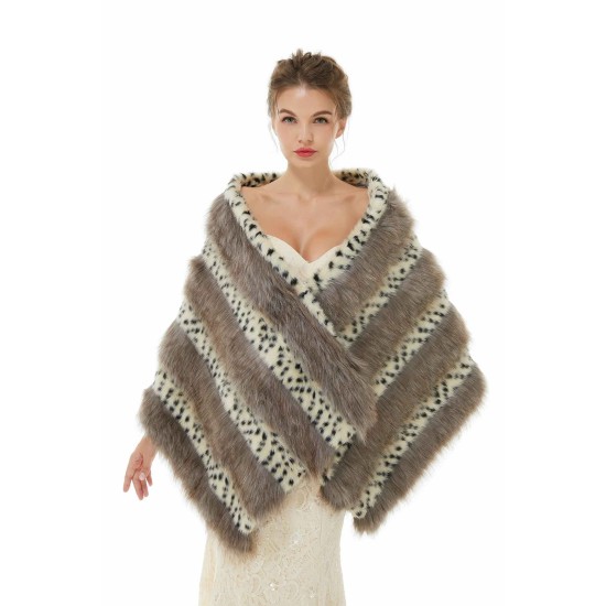 Gray Stripe Faux Fur Black and White Wedding Shawl For Bride