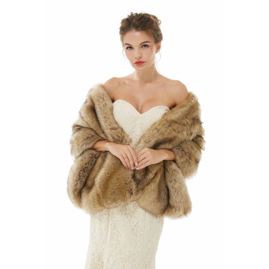 Elegant Brown Faux Fur Wedding Shawl For Bride