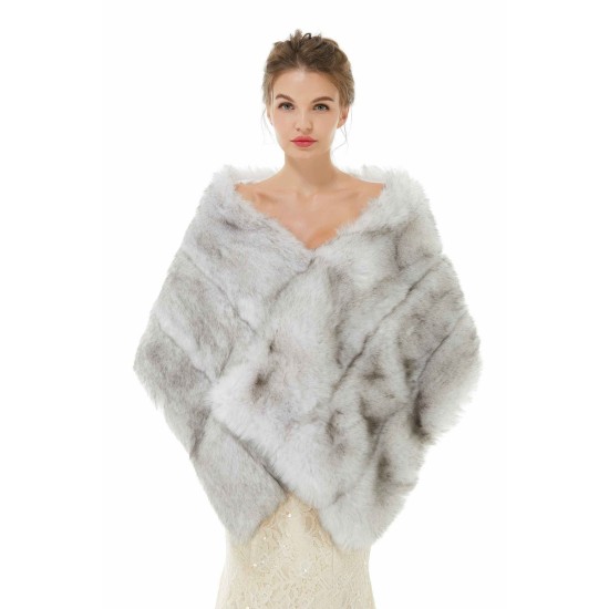 Faux Fur Wedding Shawl Light Gray Fluffy Bridal Wrap Shrug