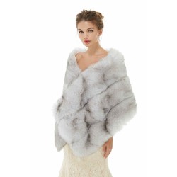 Faux Fur Wedding Shawl Light Gray Fluffy Bridal Wrap Shrug