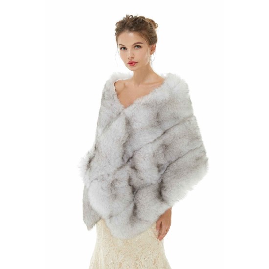 Faux Fur Wedding Shawl Light Gray Fluffy Bridal Wrap Shrug