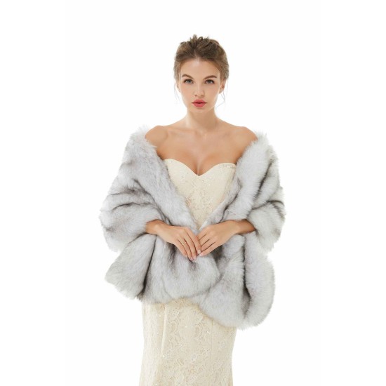 Faux Fur Wedding Shawl Light Gray Fluffy Bridal Wrap Shrug
