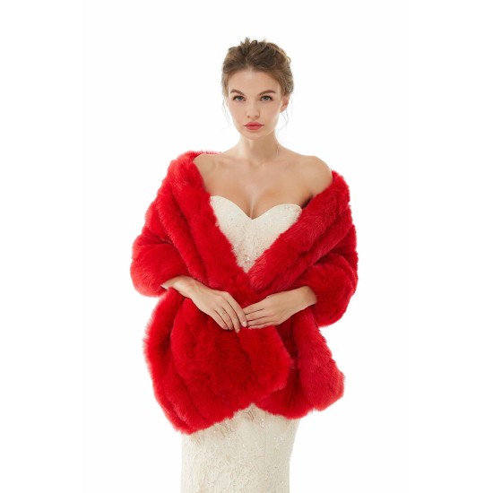 Red Wedding Shawl Faux Fur Stole Fluffy Bridal Wrap Shrug