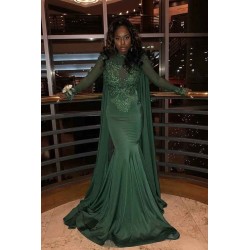 Mermaid Small Round Collar Long Sleeves Floor Length Beaded Applique Prom Dress With Cloak