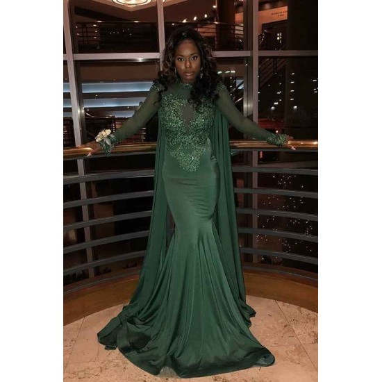 Mermaid Small Round Collar Long Sleeves Floor Length Beaded Applique Prom Dress With Cloak