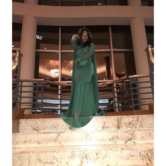 Mermaid Small Round Collar Long Sleeves Floor Length Beaded Applique Prom Dress With Cloak