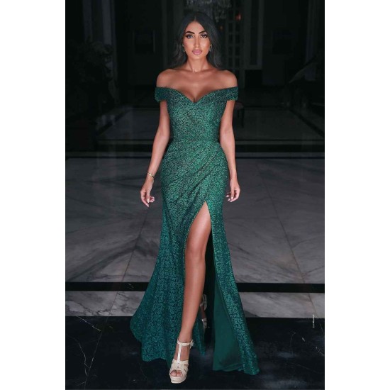 Green Off-the-Shoulder Mermaid Sequins Evening Prom Dress With Slit